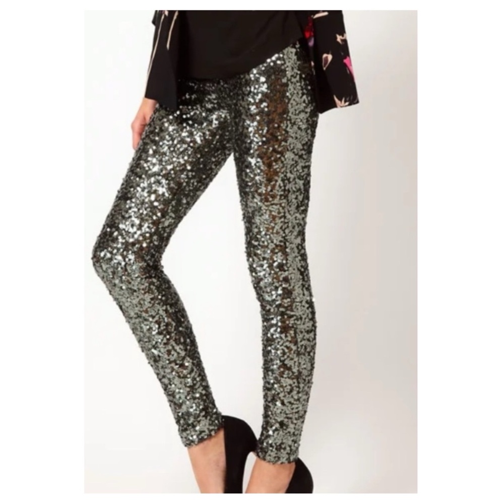 French Connection Green Sequin Lined Leggings Pan… - image 1